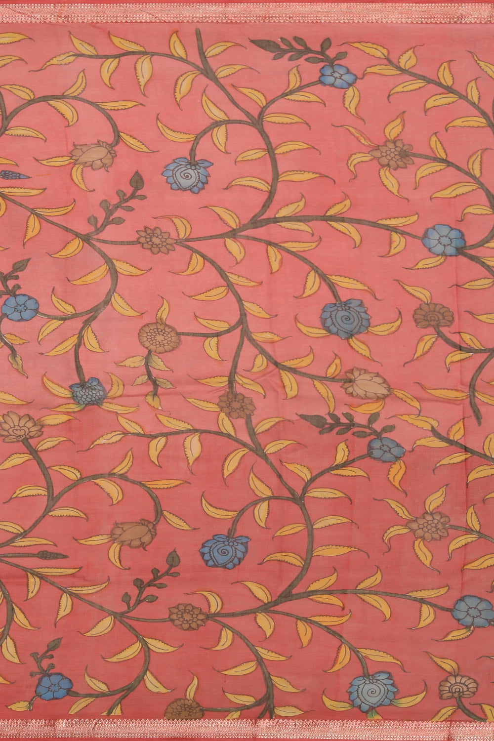 Image of Kalamkari Hand-Painted Blue Saree